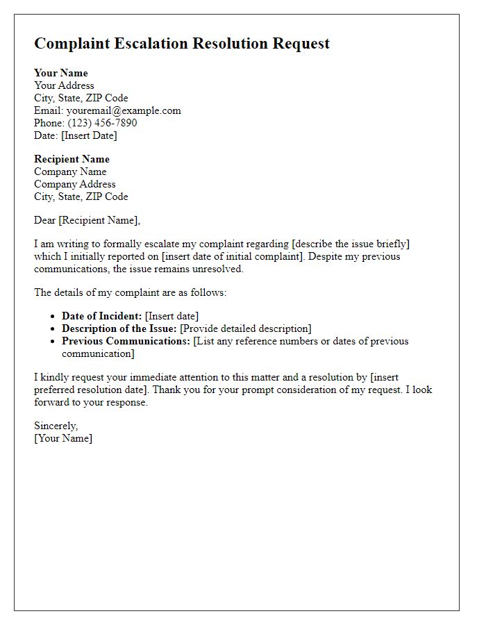 Letter template of complaint escalation resolution request