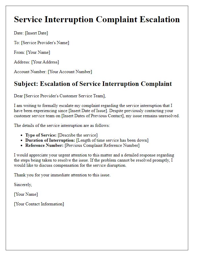 Letter template of complaint escalation service interruption notice