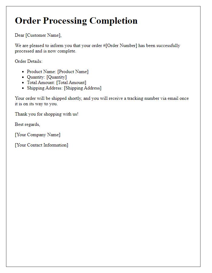 Letter template of order processing completion
