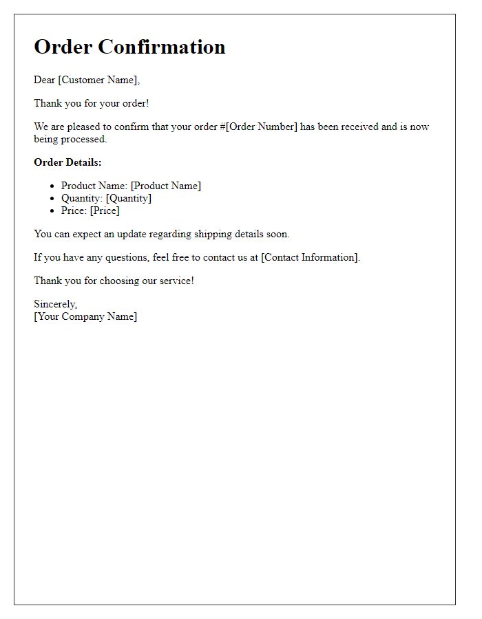 Letter template of order processing confirmation