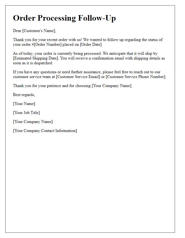 Letter template of order processing follow-up communication