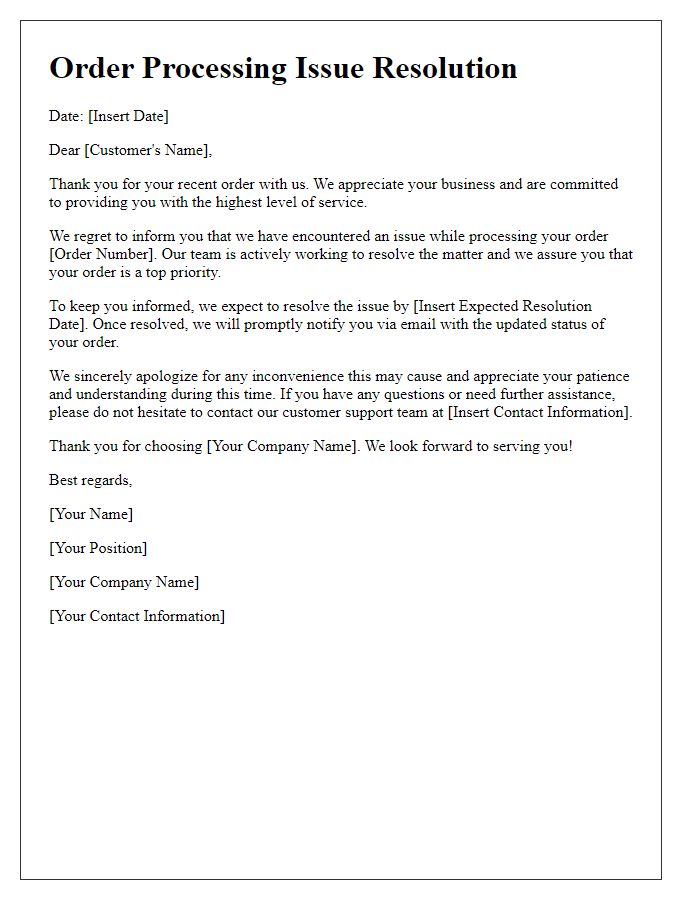 Letter template of order processing issue resolution