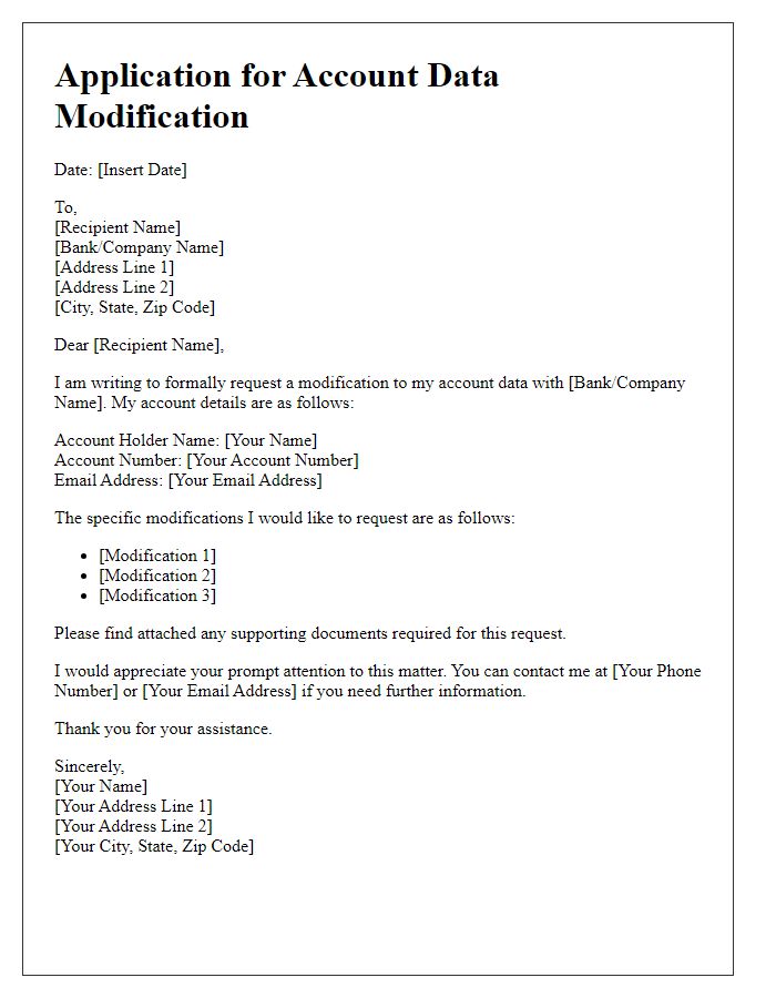 Letter template of application for account data modification