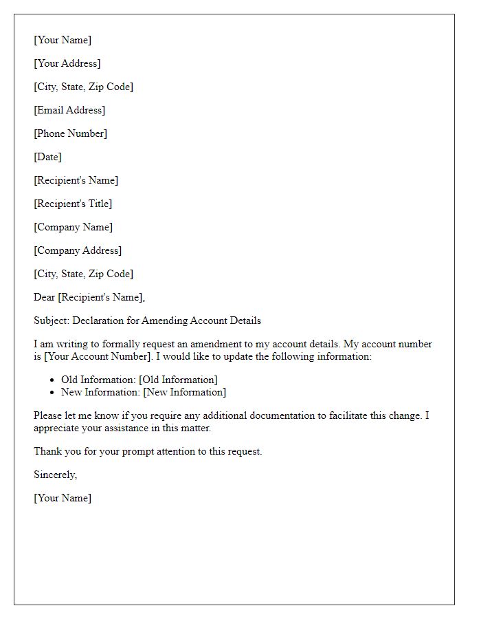 Letter template of declaration for amending account details