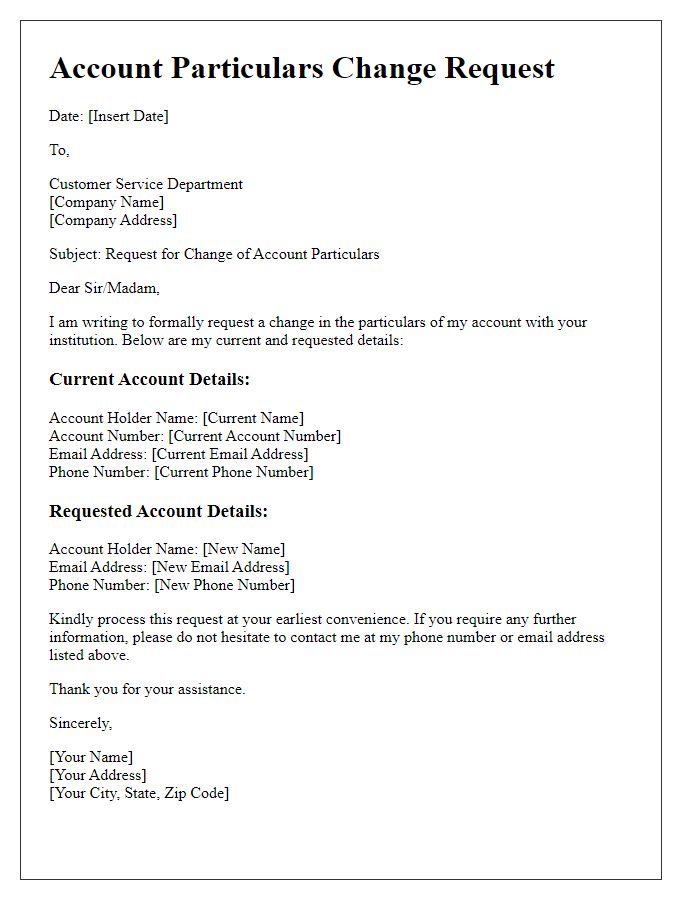 Letter template of form for changing account particulars