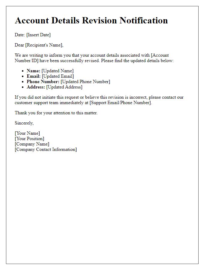 Letter template of notification for account details revision