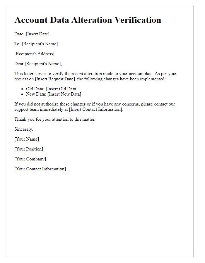 Letter template of verification for account data alteration