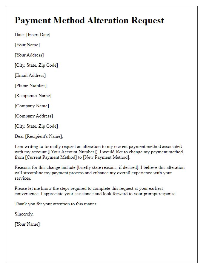 Letter template of payment method alteration request
