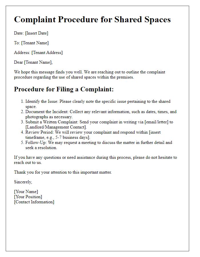 Letter template of complaint procedure for tenants using shared spaces