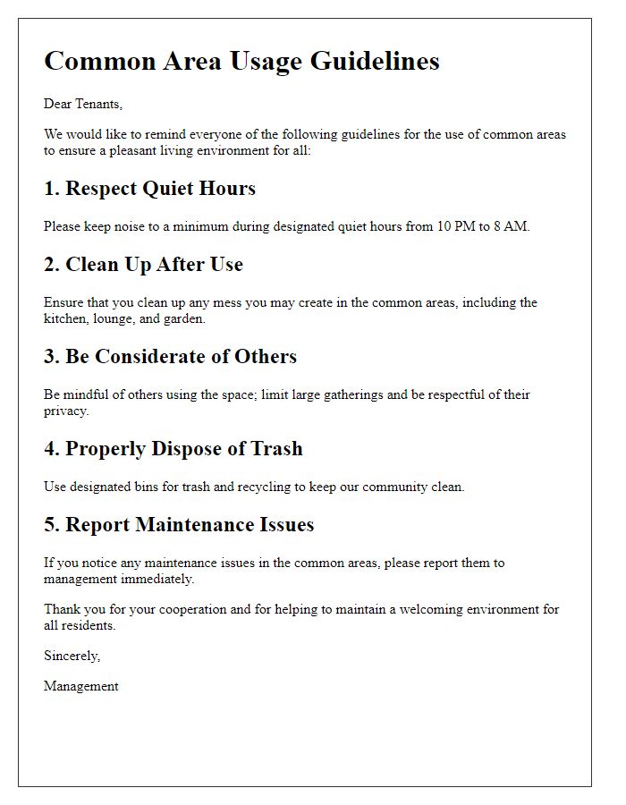 Letter template of guidelines for tenants on common area usage