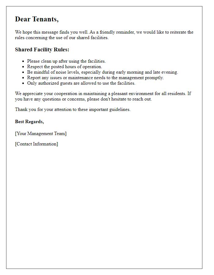 Letter template of reminders for tenants about shared facility rules