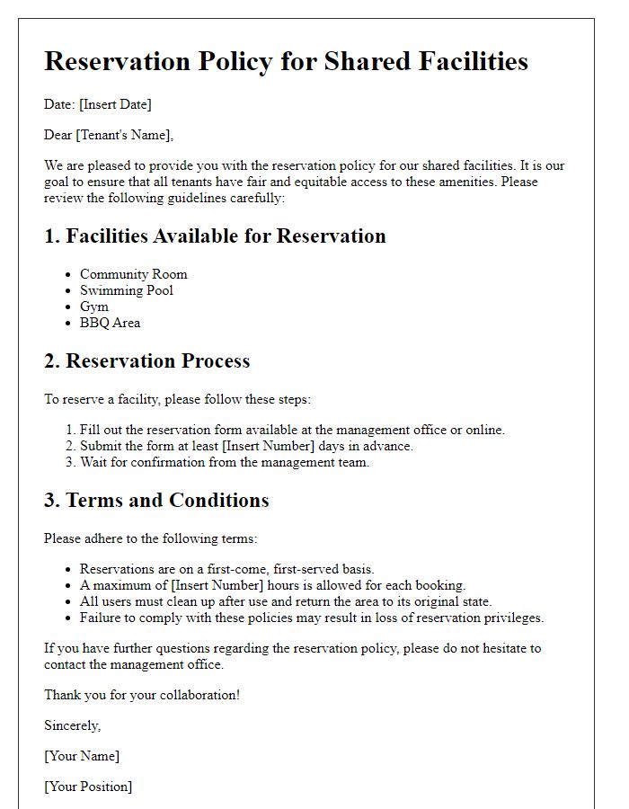 Letter template of reservation policy for shared facilities for tenants