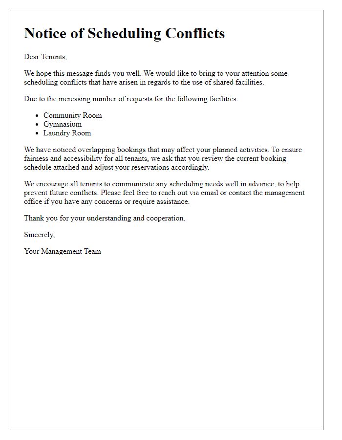 Letter template of scheduling conflicts in shared facilities for tenants