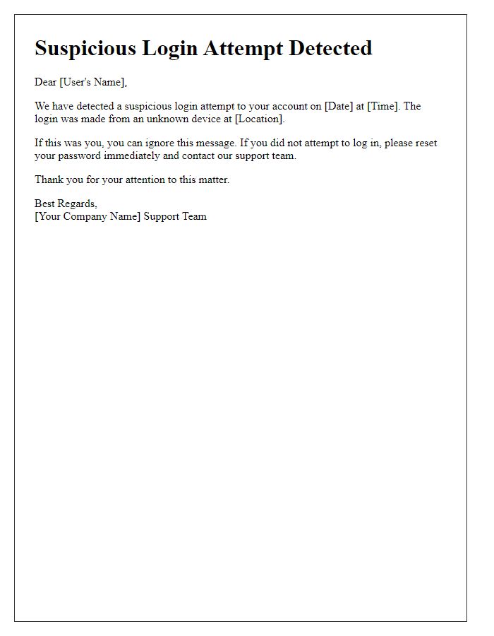 Letter template of suspicious login message