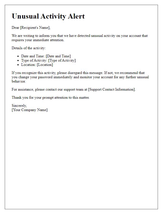 Letter template of unusual activity alert
