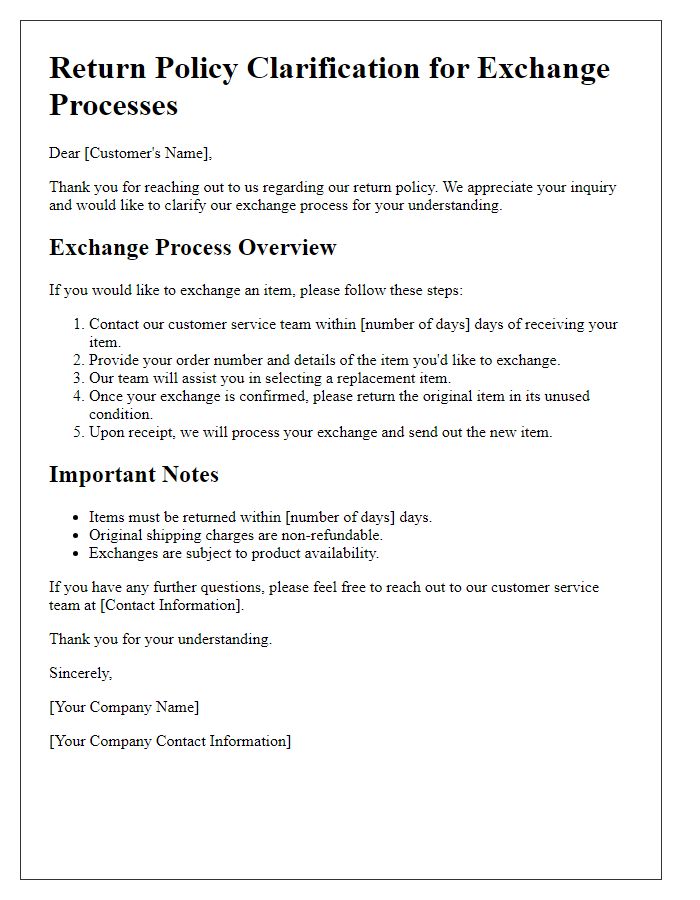 Letter template of return policy clarification for exchange processes