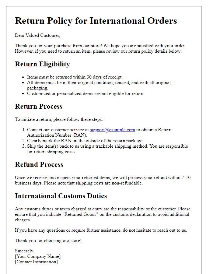 Letter template of return policy details for international orders