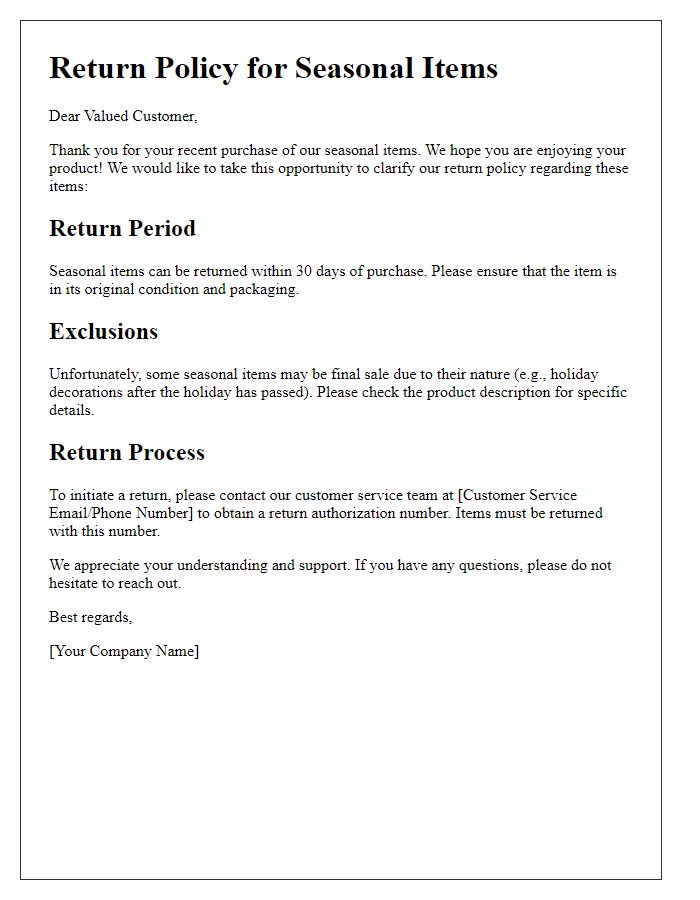 Letter template of return policy explanation for seasonal items