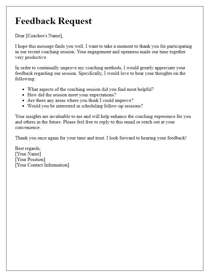 Letter template of a feedback request following a coaching session.