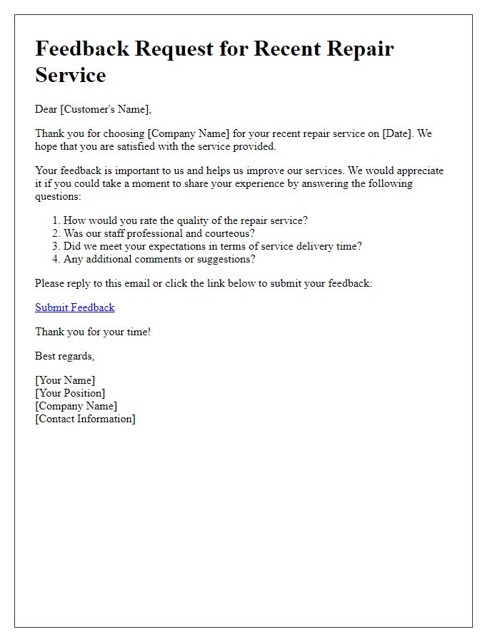 Letter template of a feedback request post-repair service.