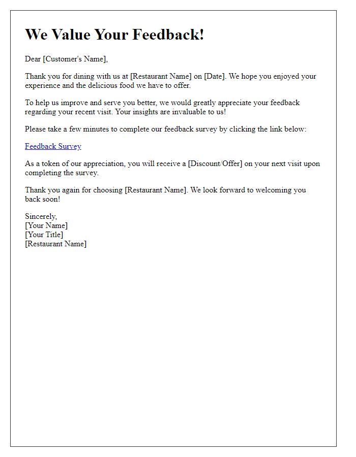 Letter template of a feedback request for a restaurant dining experience.