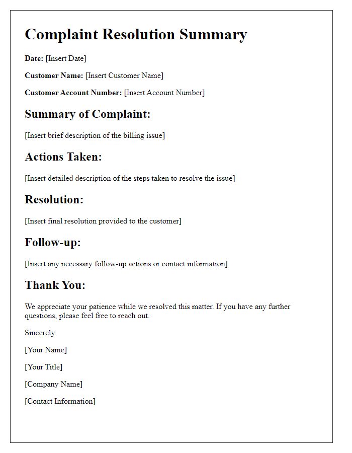 Letter template of complaint resolution summary for billing issues.