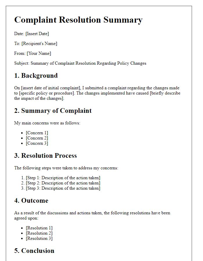 Letter template of complaint resolution summary for policy changes.