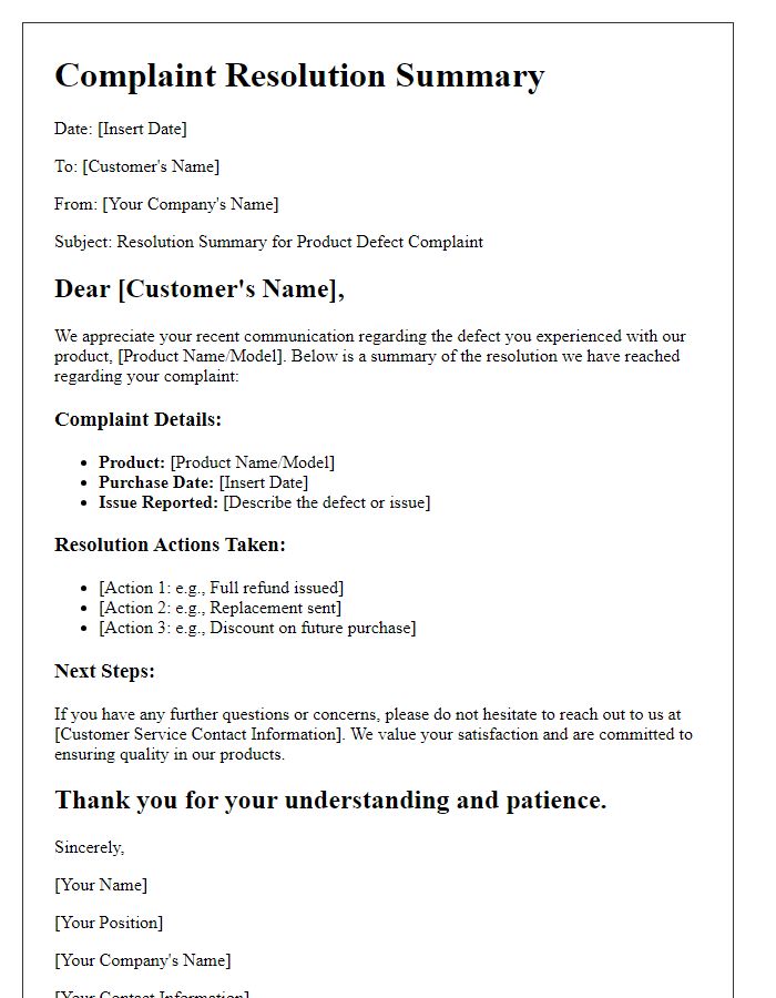 Letter template of complaint resolution summary for product defects.