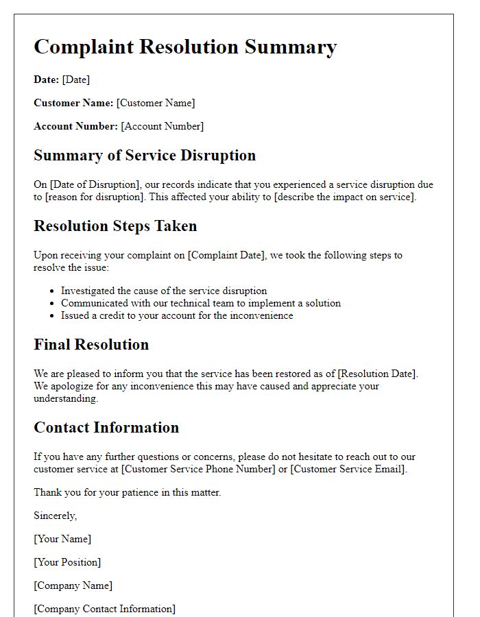 Letter template of complaint resolution summary for service disruptions.