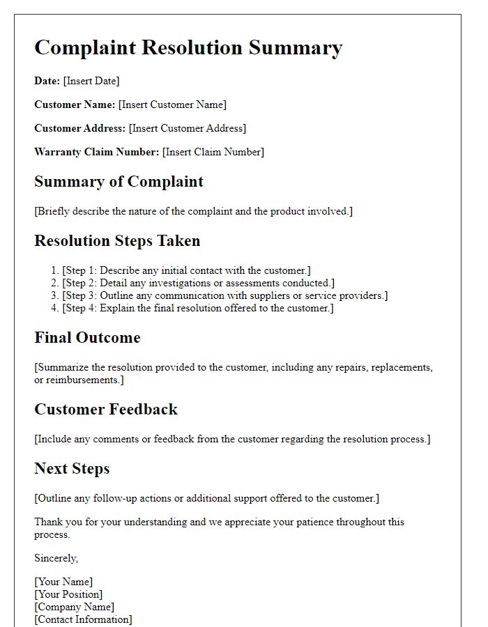 Letter template of complaint resolution summary for warranty claims.