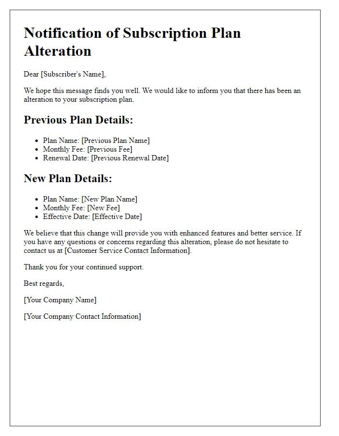 Letter template of alterations to your subscription plan