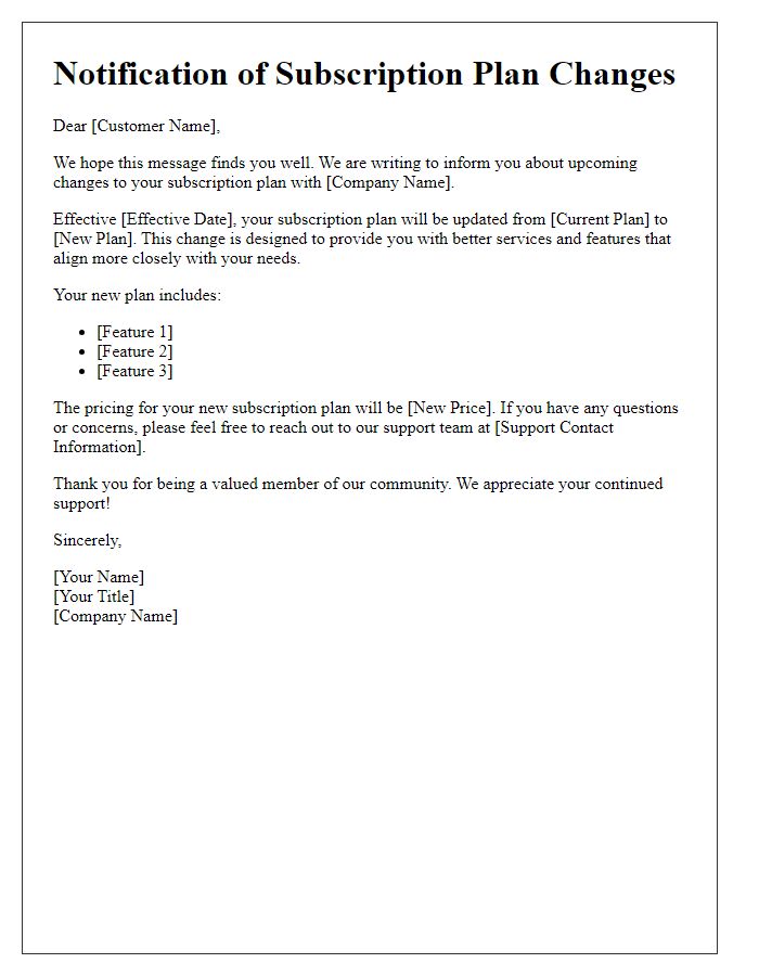 Letter template of notification regarding subscription plan changes