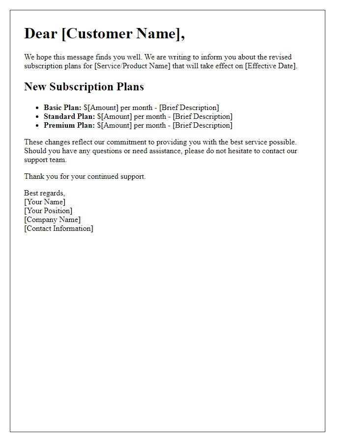 Letter template of revised subscription plan information