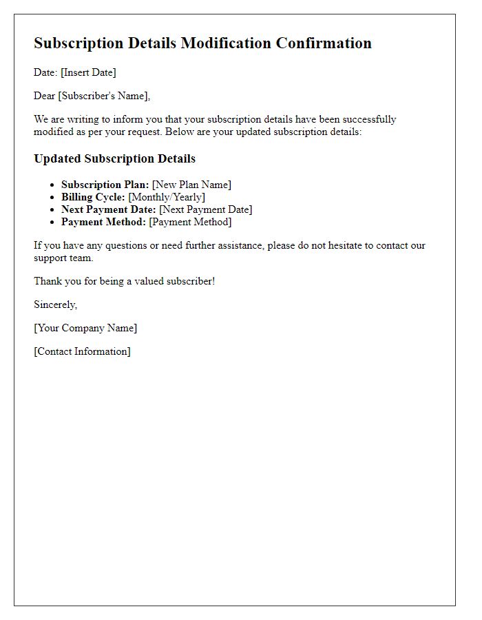 Letter template of subscription details modification