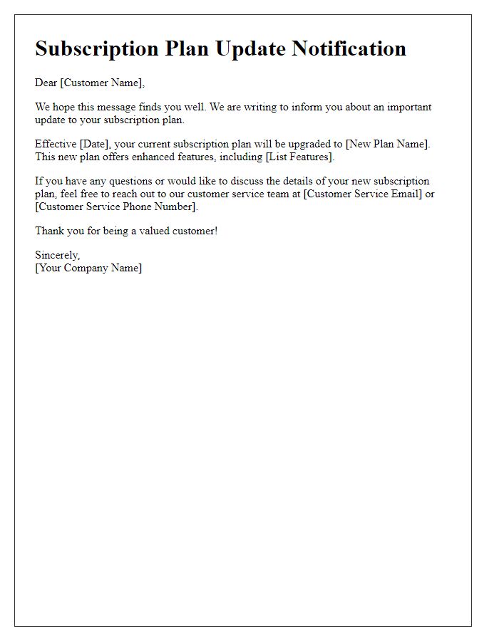 Letter template of subscription plan update notification
