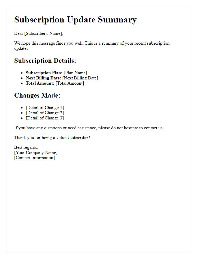 Letter template of subscription update summary