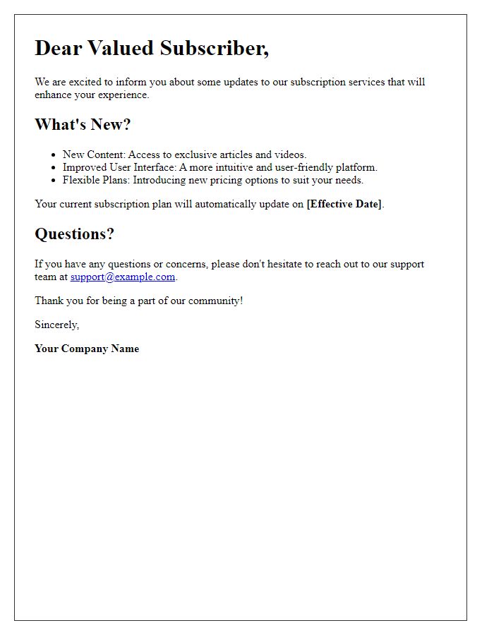 Letter template of updated subscription services