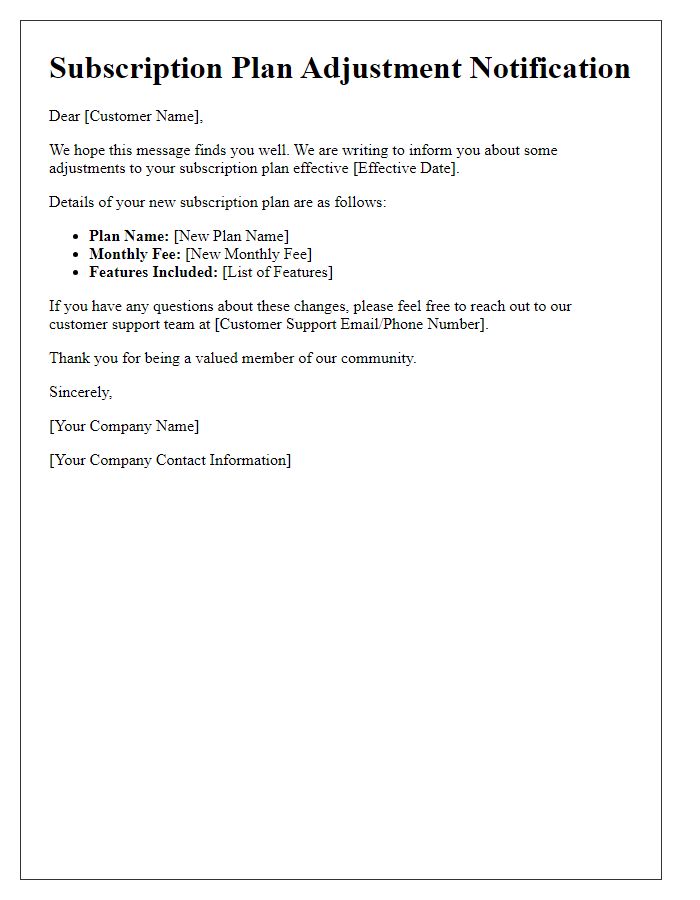 Letter template of your subscription plan adjustments