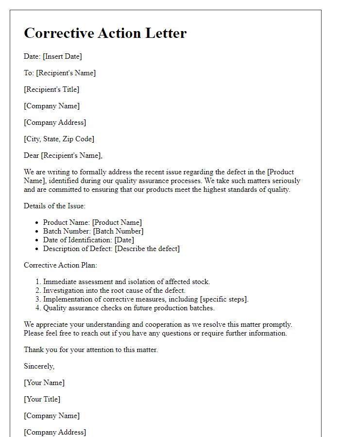 Letter template of corrective action for defect in product