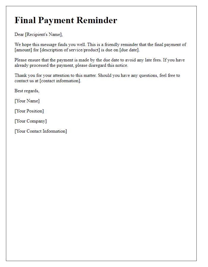Letter template of final payment reminder
