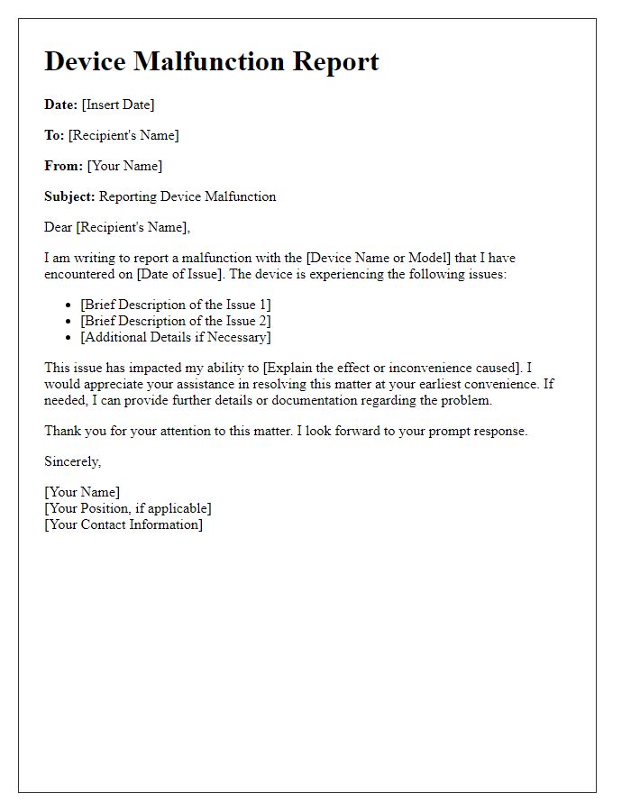 Letter template of device malfunction reporting for help