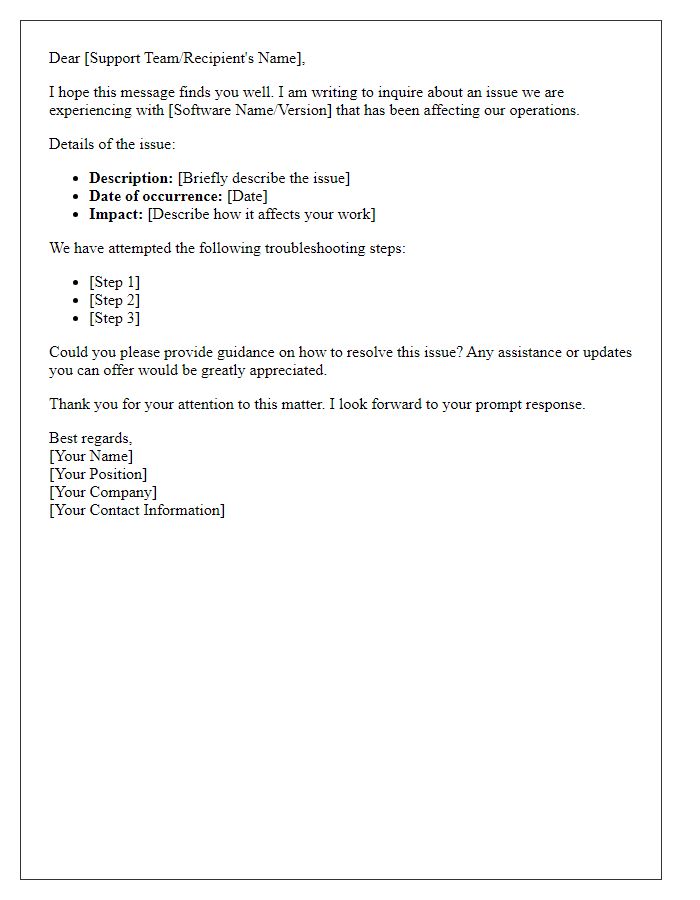 Letter template of software issue resolution inquiry