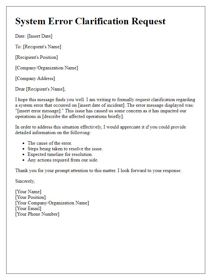 Letter template of system error clarification request