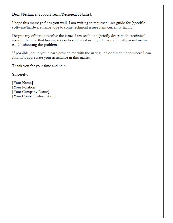 Letter template of user guide request for technical issues