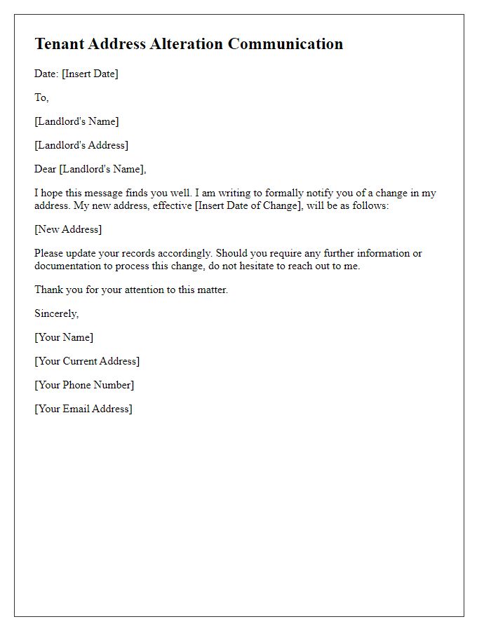 Letter template of tenant address alteration communication