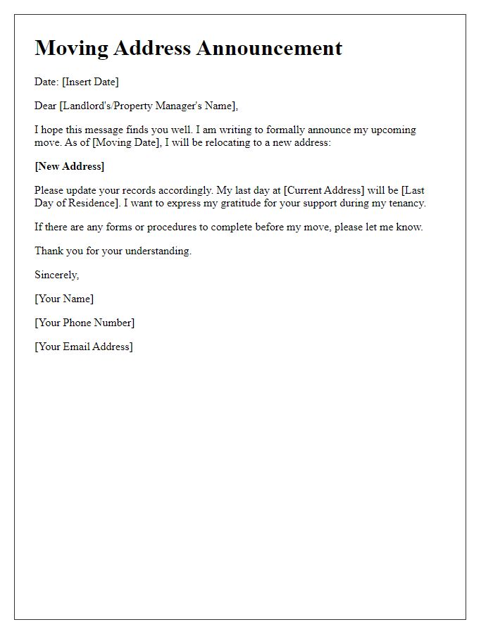 Letter template of tenant moving address announcement