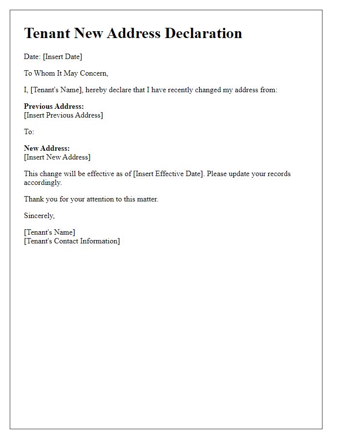 Letter template of tenant new address declaration