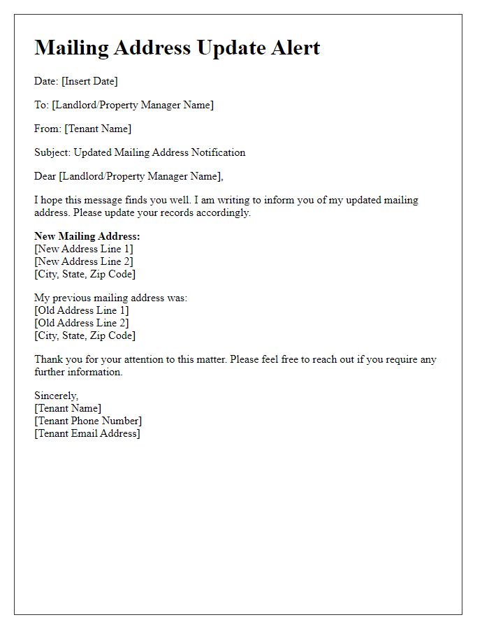 Letter template of tenant updated mailing address alert