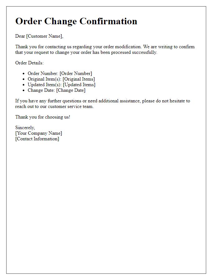 Letter template of order change confirmation for customer request