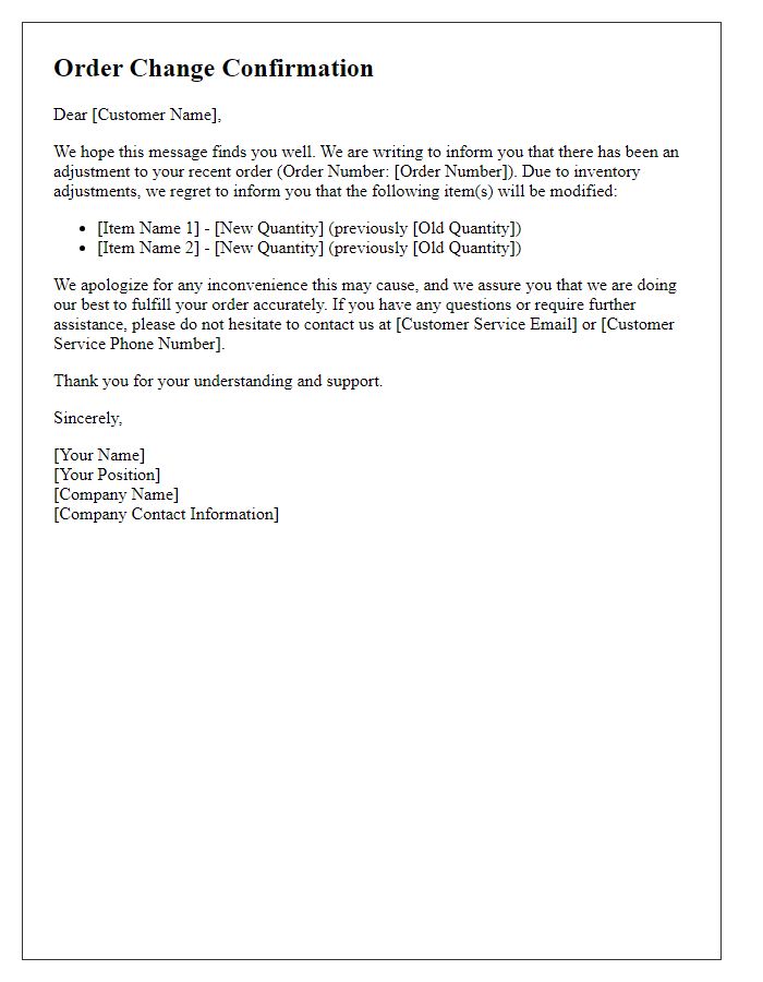 Letter template of order change confirmation due to inventory adjustment